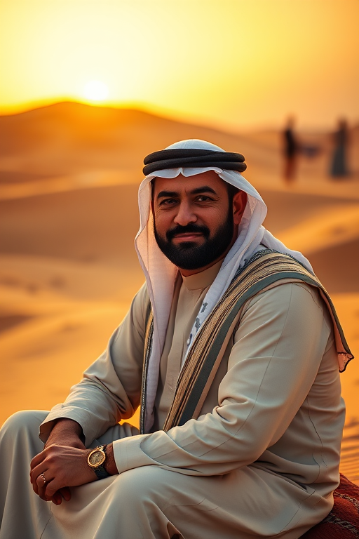 portrait of a Middle Eastern man in traditional attire sitting in the desert with sand dunes in the background, golden hour lighting, Canon EOS R5, 50mm lens, f/1.8 aperture, ISO 100, soft focus on the background for depth, warm color grading to enhance the atmosphere