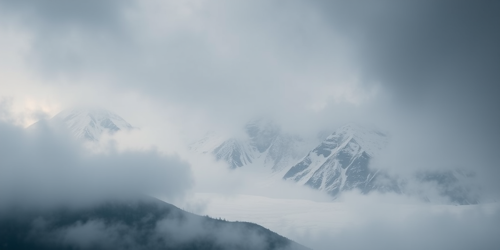 capture a dramatic mountain landscape shrouded in fog with snow-covered peaks, using a DSLR camera set to f/8, ISO 100, shutter speed 1/200 sec, 50mm lens, in landscape orientation, shooting from a low angle to emphasize the height and majesty of the mountains