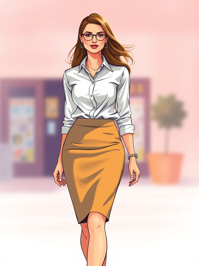 Create a vibrant digital illustration of a confident woman in a fitted pencil skirt and button-up shirt, stylishly walking, with a soft-focused background, using a DSLR camera with a 50mm lens, aperture set to f/1.8, ISO 100, and natural lighting for a warm glow.