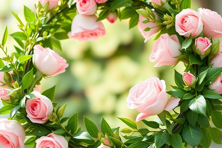Create a circular floral frame featuring soft pink roses and green foliage, shot with a DSLR camera at f/2.8, 50mm lens, in natural light for a soft focus effect, using a shallow depth of field for enhanced image quality.