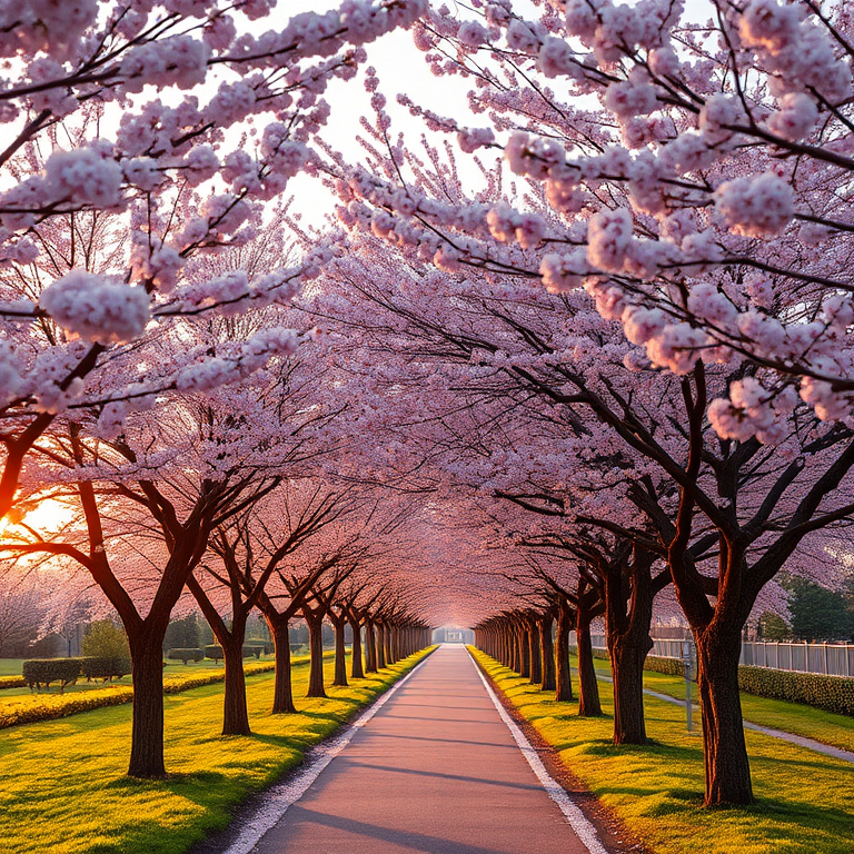 Cherry blossom trees lining a serene pathway in soft pink hues during golden hour, shot with a Canon EOS R5, 50mm f/1.2 lens, aperture f/1.8, shutter speed 1/200s, ISO 100, with a wide-angle perspective to capture depth and lush detail.
