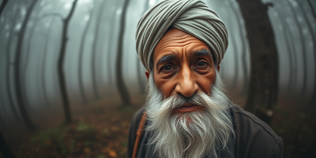Create a portrait of an elderly man with a white beard and turban in a misty forest setting, wide-angle lens, f/1.8 aperture, ISO 100, 24mm focal length, soft diffused lighting, capturing a sense of depth with a narrow depth of field.