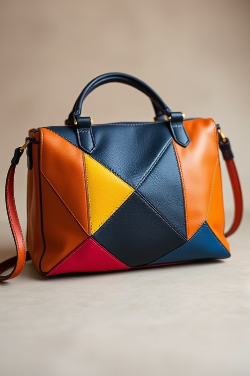 photograph a colorful geometric leather handbag on a neutral background, take with a Canon EOS R5, 50mm lens, f/2.8 aperture, ISO 100, natural soft lighting, shallow depth of field, focus on texture and color contrast