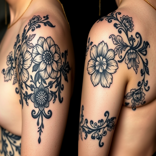 Ornamental blackwork tattoo named "Lace Legacy" showcasing intricate floral and filigree designs inspired by vintage lace patterns with delicate shading and negative space