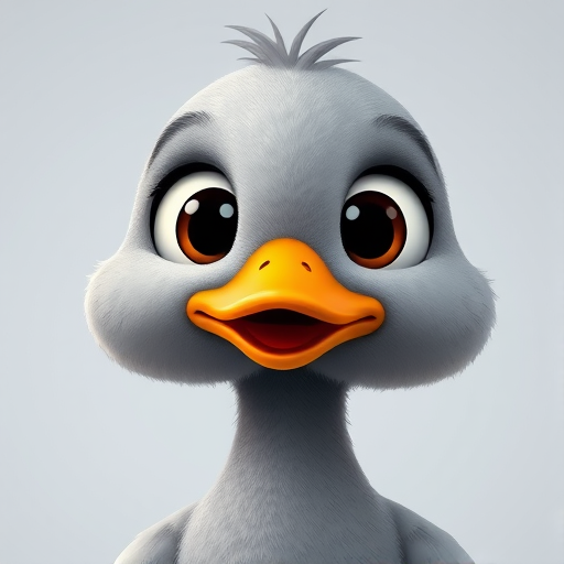 Create a high-resolution cartoon image of a cute gray duck character with large expressive eyes and an orange beak, shot with a Canon EOS R5 at f/8, ISO 100, 85mm lens, with a soft, diffused lighting style and a slightly elevated angle for a playful perspective.