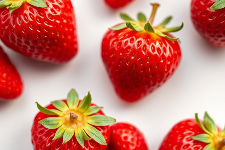 High-quality macro shot of fresh strawberries in vibrant red color, soft focus background, ISO 100, aperture f/2.8, shutter speed 1/125s, top-down view, DSLR camera, natural lighting.