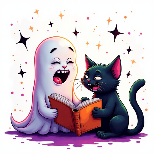 Image of a ghost and a black cat laughing exaggeratedly , and reading a comic halloween comic book, alcohol ink airbrush style, funny halloween theme, white background with neon purple, neon orange, neon green splash, black sparkles stars , dazzling BG