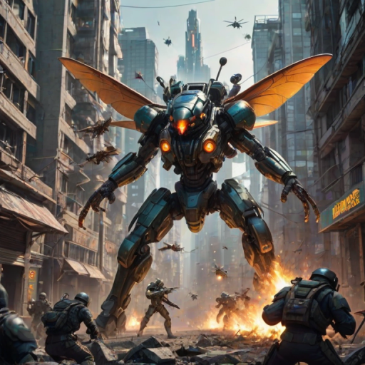 A squad of flying insect commandos, with a massive dragonfly wielding a railgun and smaller wasps armed with plasma pistols, soar through a war-torn cityscape. Below, ground forces made up of ants and beetles hold positions with heavy machine guns and rocket launchers, their stances suggesting they're defending a key outpost. The futuristic city is ablaze with battle, neon signs flickering as they dodge incoming fire. The commandos are battle-hardened, with a mix of sci-fi weaponry that feels grounded in both insect capabilities and military technology, creating a thrilling, high-stakes war zone