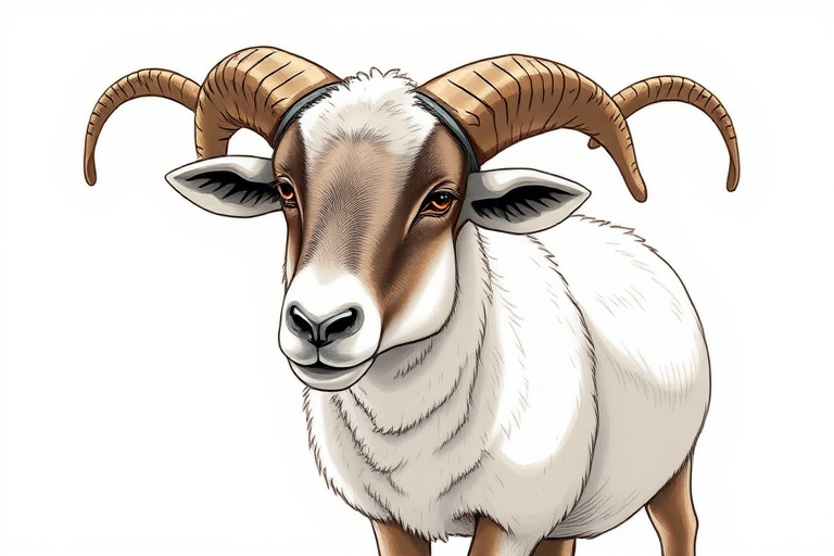 Regenerate an illustration of a standing sheep with prominent curved horns, using a high-resolution digital canvas, 300 DPI, in a sharp focus with soft lighting, taken from a slightly low angle to enhance depth and detail, using a digital drawing tablet and stylus.