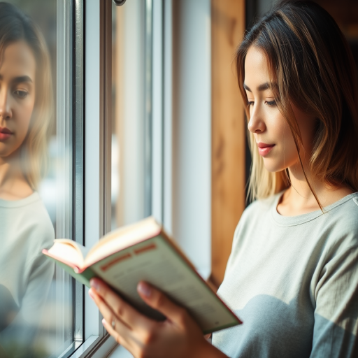 portrait of a woman reading a book by a window with natural light, soft focus, 50mm lens, f/1.8 aperture, ISO 200, slight vignette, indoor setting with wooden accents, relaxed atmosphere