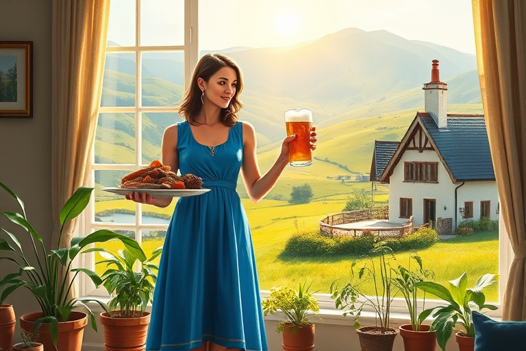 In "A Glass of Beer on the Highland," a serene scene is depicted in a sunlit room where a woman in a vibrant blue dress stands by a large window. She holds a tray with a hearty meal and a frothy glass of beer, embodying a moment of relaxation. Outside, the breathtaking highland landscape features rolling green hills and a charming traditional house, all bathed in warm afternoon light. The interior is adorned with potted plants, creating a harmonious blend of comfort and nature. The painting beautifully captures the tranquility and joy found in simple pleasures amidst stunning scenery