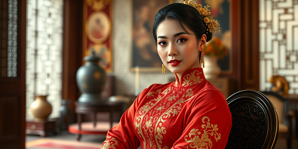 A beautiful Vietnamese woman in traditional East Asian attire, intricately detailed with embroidered patterns, sitting gracefully in a richly decorated room, soft ambient lighting, serene and elegant, ultra-realistic, 8K resolution