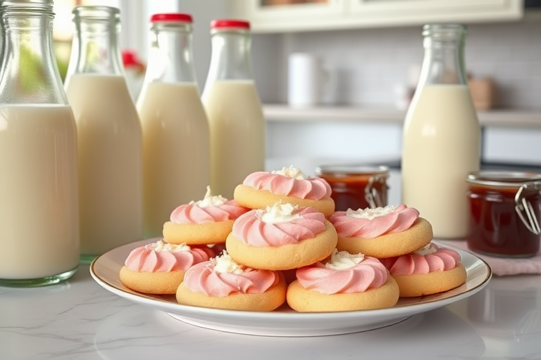 A plate of pink coconut cream-filled cookies surrounded by glass bottles of milk and a jar of jam in a bright kitchen setting.