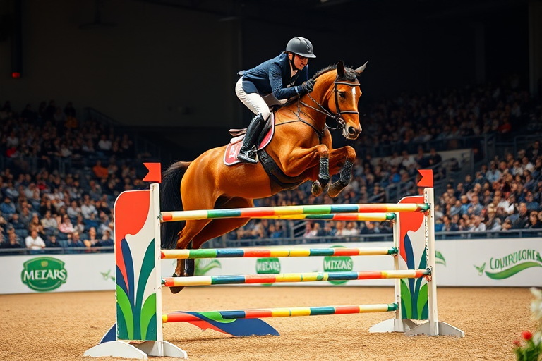 High-quality image of a show jumper riding a horse over a colorful jumping obstacle in an indoor arena, captured with a Canon EOS R5, EF 24-70mm f/2.8L lens, aperture f/4, shutter speed 1/1000s, ISO 400, focus on the horse and rider in action, with a shallow depth of field to blur the background crowd.