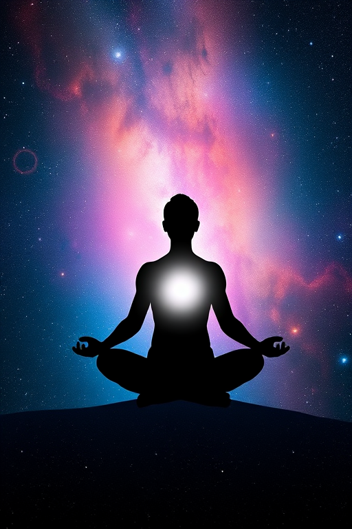 Create a cosmic meditation scene with a silhouette of a person in a lotus position surrounded by a vibrant galaxy, capturing a bright light in the chest area, shot with a Nikon D850, 50mm lens, f/1.8 aperture, ISO 100, and 1/200 sec shutter speed for enhanced clarity and depth.