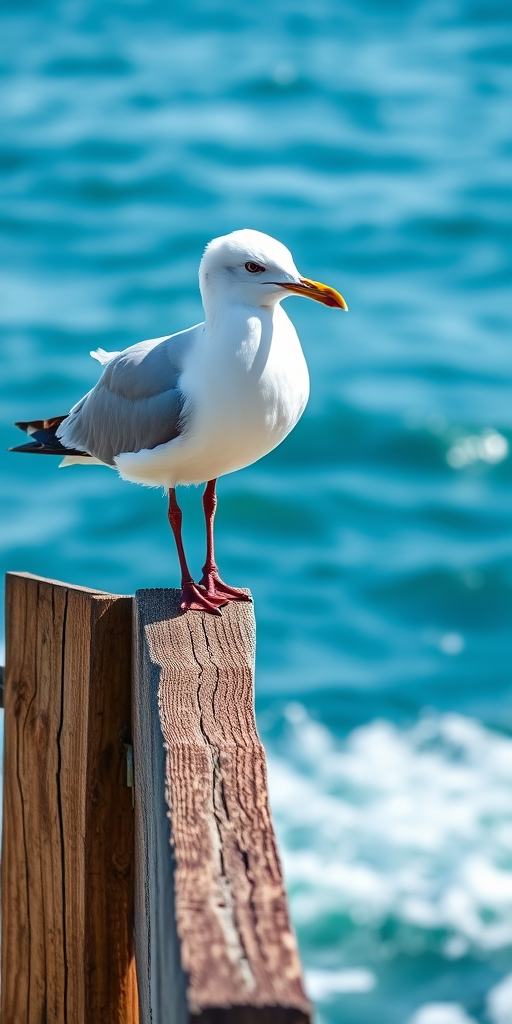 capture a close-up of a seagull perched on a wooden fence overlooking the ocean with vibrant blue waters in the background, use a Canon EOS 5D Mark IV with a 50mm lens at f/2.8, ISO 100, shutter speed 1/2000 sec, natural lighting for enhanced clarity and detail