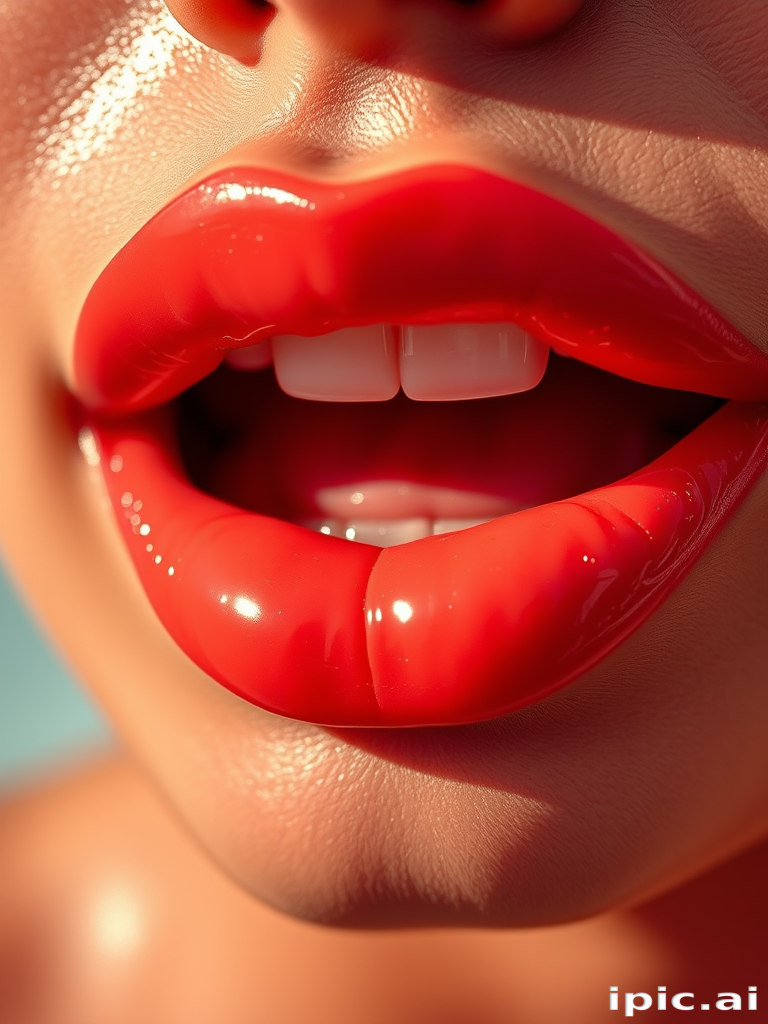 Vibrant coral sunset lips shine with glossy brilliance, accentuating plump contours and subtle ombre effect, exuding warmth and allure in high-resolution detail