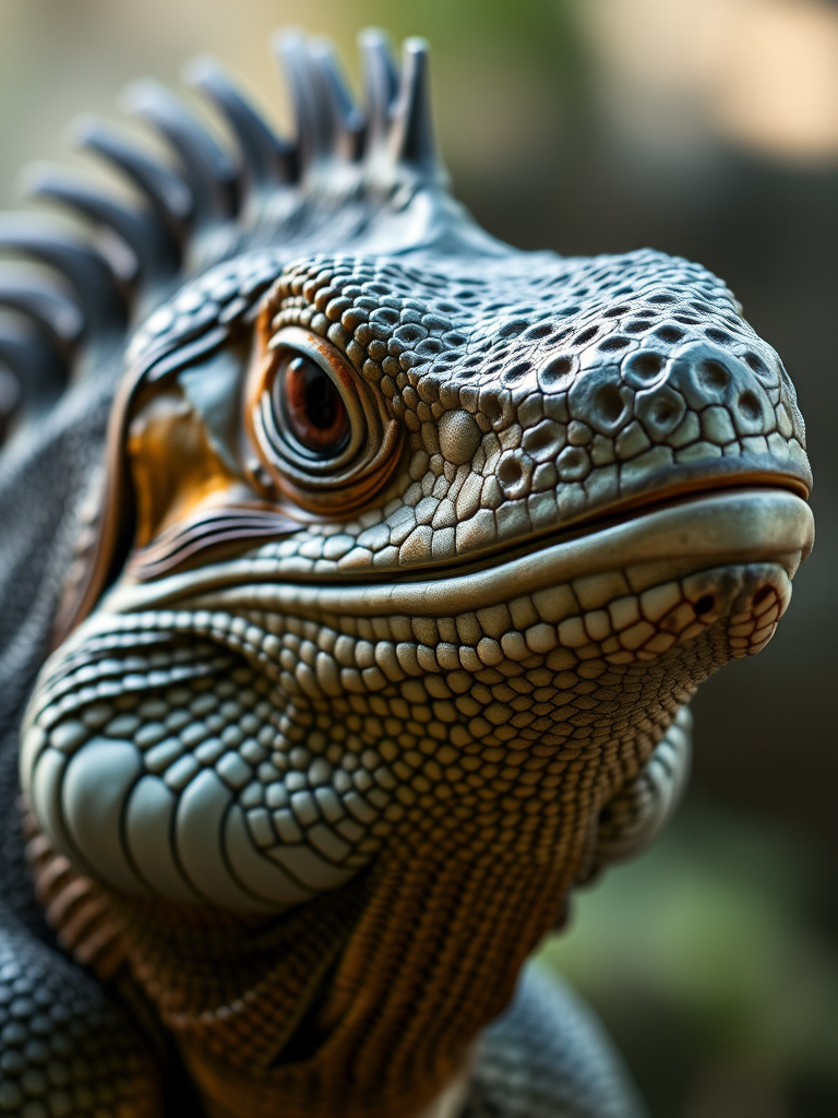 Close-up shot of a giant lizard head with intricate scales and a focused gaze, shallow depth of field, ISO 100, f/2.8 aperture, 85mm lens, natural lighting, DSLR camera.