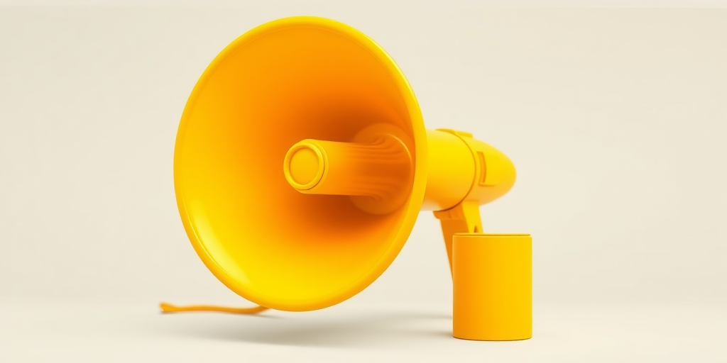 Create a high-resolution vector illustration of a bright yellow megaphone and a small cylindrical object, using a Canon EOS R5 camera with a 50mm f/1.2 lens, aperture set to f/8, ISO 100, and a shallow depth of field for enhanced clarity and color vibrancy.