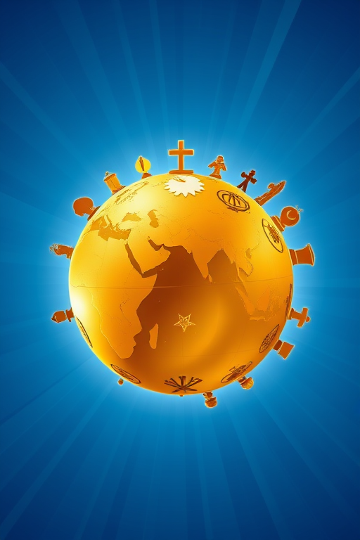 Create a high-resolution illustration featuring a golden globe with symbols of major world religions arranged around it, on a vibrant blue background with rays extending outward; camera settings: aperture f/8, ISO 100, shutter speed 1/125s; camera view: wide angle; camera style: digital illustration; camera type: DSLR.