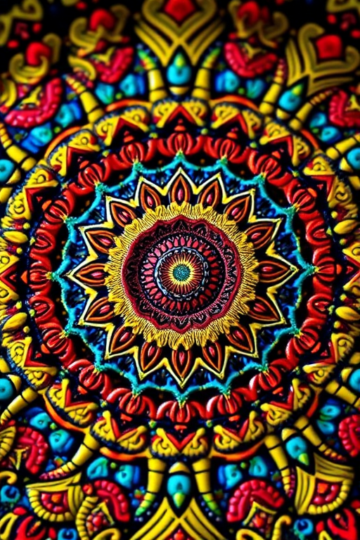 Generate a high-resolution circular mandala design with intricate patterns, vibrant colors, and detailed textures, captured with a DSLR camera at f/2.8, ISO 100, shutter speed 1/125s, in a close-up view, using a macro lens for enhanced clarity and depth.
