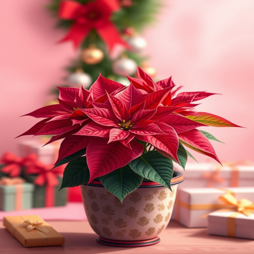 Create a detailed illustration of a poinsettia plant in a decorative pot, featuring vibrant red and pink leaves, set against a softly blurred pink background with Christmas ornaments and gifts, using a Canon EOS R5 with a 50mm f/1.2 lens, aperture set to f/2.8, ISO 100, focusing on a shallow depth of field for a dreamy effect.