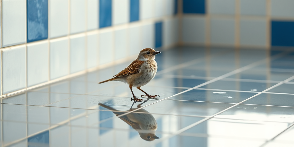 generate an image of a small sparrow standing on a wet tiled surface with a reflection in the water, surrounded by vertical white and blue tiles