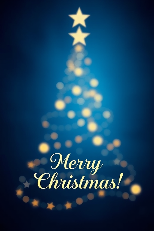 Create an elegant Christmas tree design with shimmering stars on a deep blue background, featuring the text "Merry Christmas!" in a stylish font; use a DSLR camera with a 50mm lens, aperture set to f/2.8, ISO 100, and soft bokeh effect for a magical touch.