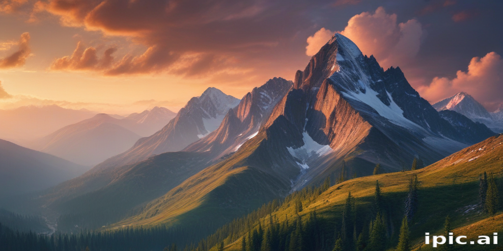 Majestic Mountain Landscape at Sunset with Dramatic Clouds and Lush Forests