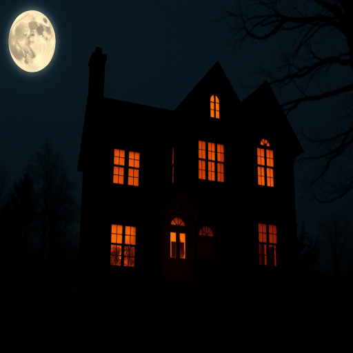 Create a spooky silhouette of a haunted house with glowing orange windows, under a full moonlit sky, captured with a DSLR camera, 50mm lens, f/1.8 aperture, ISO 200, and a soft focus effect for an eerie atmosphere.