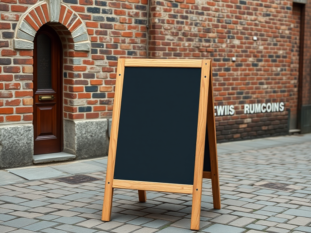 Create a high-resolution image of a black chalkboard sign on a cobblestone street with a textured brick wall in the background, using a DSLR camera, 50mm lens, f/1.8 aperture, ISO 100, 1/200s shutter speed, in natural lighting to enhance clarity and detail.