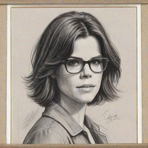 Splendid Neve Campbell, pencil sketch, portrait of Superb woman 1976s in glasses, hair style beatnik, outline, clear lines, fine lines, 8k