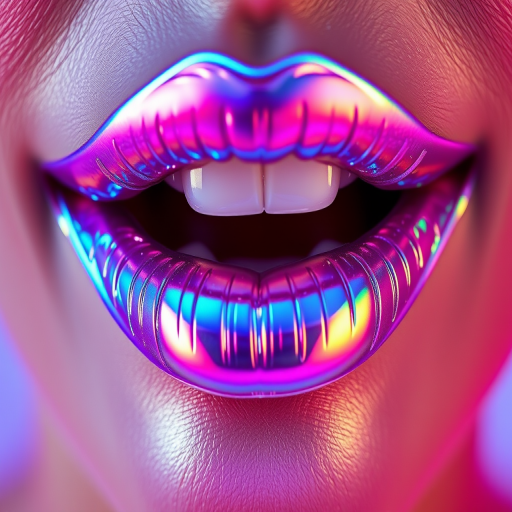 Holographic iridescent lips shine with otherworldly beauty in the "Prismatic Dream" style, showcasing a kaleidoscope of shifting colors that range from cool blues to warm pinks, depending on the angle and lighting, creating a mesmerizing and futuristic lip look that's perfect for avant-garde fashion events or editorial photoshoots