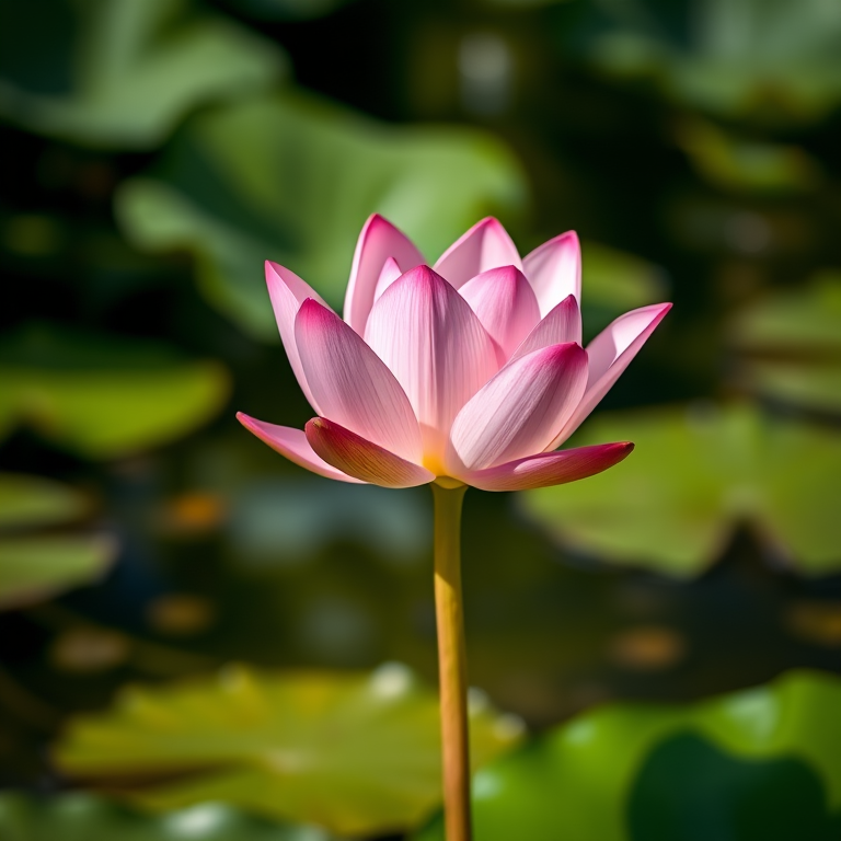 Capture a close-up of a pink lotus flower standing tall in a serene pond, with soft focus on surrounding lily pads, using a DSLR camera at f/2.8 aperture, ISO 100, 50mm lens, natural light, and a shallow depth of field for enhanced background blur.