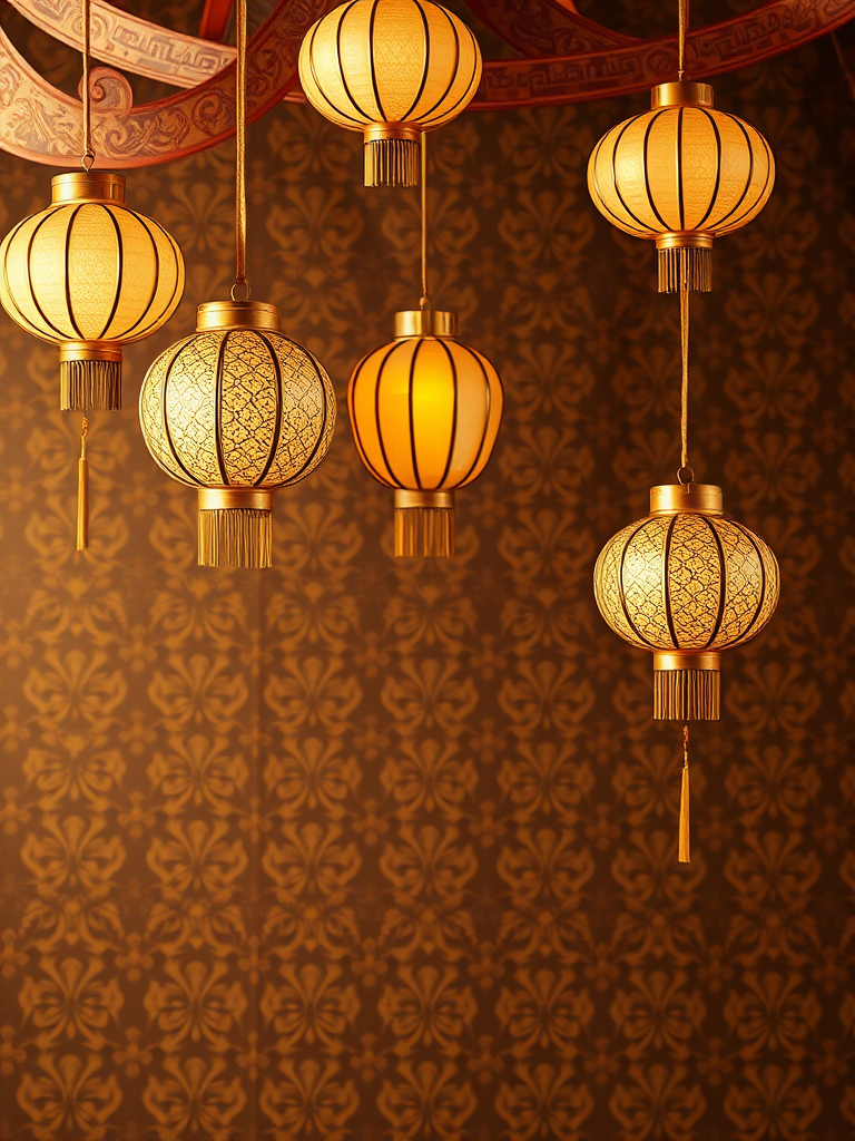 Create an elegant background with hanging golden lanterns on a rich brown patterned backdrop, shot with a Canon EOS R5 at f/2.8, ISO 100, 50mm lens, soft focus view, studio lighting style.