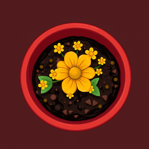 Create a vibrant illustration of a red flower pot with a yellow flower design, filled with rich soil and small yellow flowers sprouting, include a dark background for contrast, use a digital drawing style, set to high resolution 300 DPI, simulate a top-down view with soft lighting for added depth.