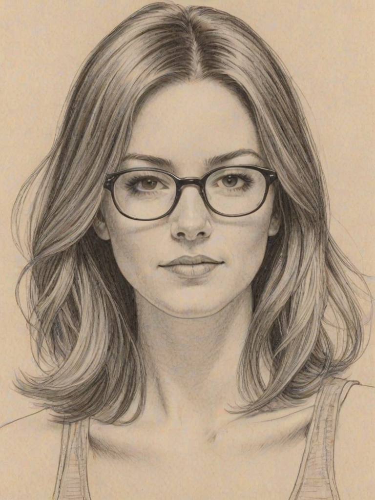 Sublime Christa Miller, pencil sketch, portrait of Enticing woman 1974s in glasses, hair style beatnik, outline, clear lines, fine lines, 8k