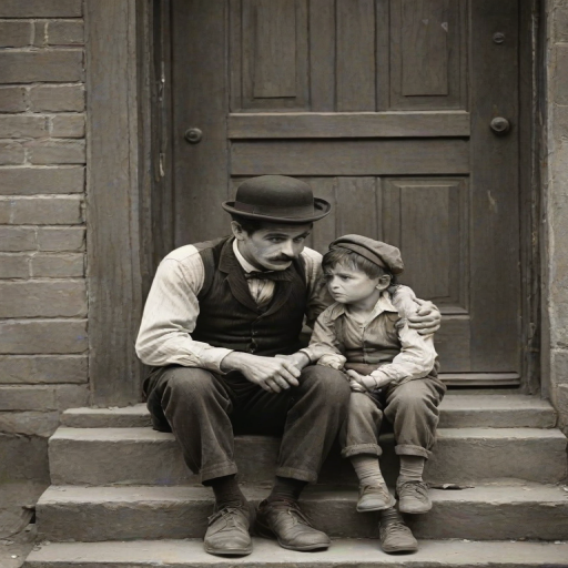 A black-and-white photograph of a man and a child sitting on steps in front of a doorway. The man is dressed as a tramp with a bowler hat, mustache, and ragged clothes, reminiscent of Charlie Chaplin's iconic look. He is sitting with his arms crossed and an expression of slight sadness or frustration. Next to him is a young boy, also in worn clothes and a cap, sitting with his hands clasped, looking thoughtful. The background is an old, textured wall and a partially open door, creating a vintage, early 20th-century atmosphere.