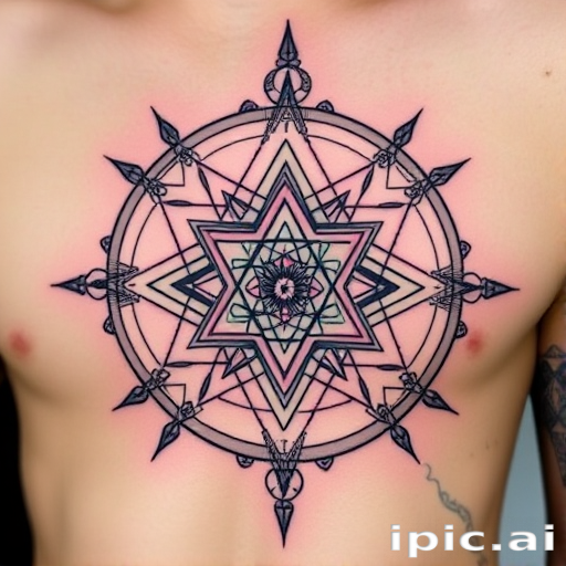 Geometric tattoo entitled "Sacred Symmetry" showcasing a complex arrangement of overlapping shapes and lines that form a harmonious and balanced design, incorporating elements of sacred geometry and ancient symbols to create a visually striking and spiritually meaningful piece, perfect for those who appreciate mathematical precision and hidden symbolism in their body art.
