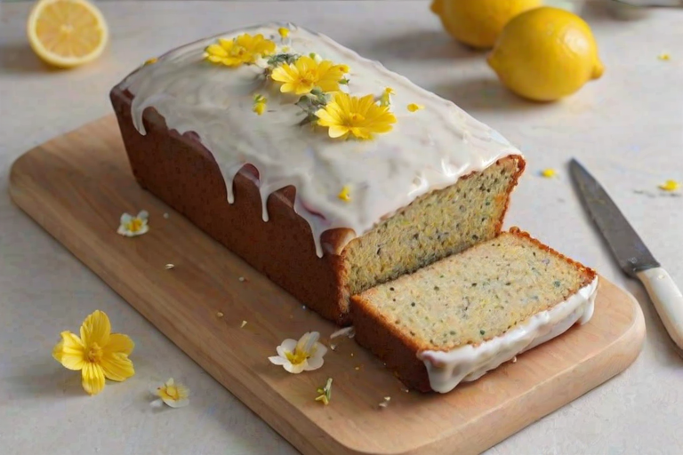 Create an image of a freshly baked lemon poppy seed loaf cake, topped with a glossy lemon glaze. The cake should be sliced, revealing its moist interior, and decorated with small edible flowers and lemon zest. Arrange the cake on a light-colored surface with a vintage knife beside it and a few lemon slices scattered around for added detail.