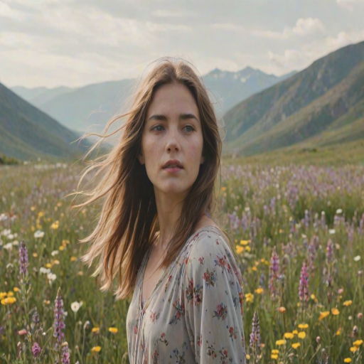 Softly focused image of a young woman standing in a field of wildflowers, long hair blowing in the wind, distant mountains barely visible through a hazy summer sky.