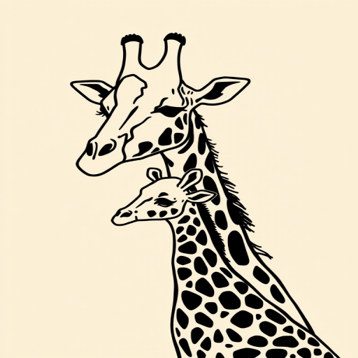 Create a minimalist line drawing of a mother giraffe and her calf against a soft beige background, using a DSLR camera with a 50mm lens, f/1.8 aperture, ISO 100, and soft diffused lighting for enhanced image quality.