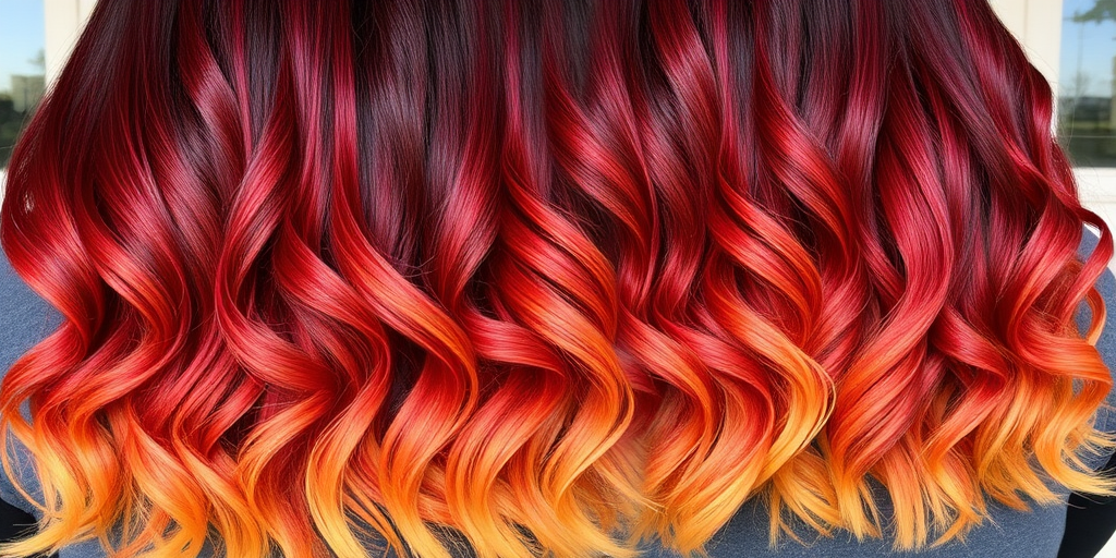 Cascading ombré waves called "Sunset Serenade" transition from deep burgundy roots to fiery orange mid-lengths and golden yellow tips, creating a mesmerizing gradient effect