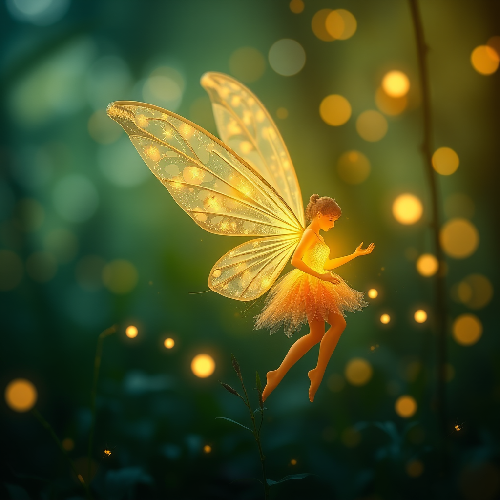 Regenerate a magical forest scene featuring a glowing fairy with delicate wings, surrounded by ethereal fireflies, captured with a Canon EOS R5 at f/2.8, ISO 100, shutter speed 1/125s, using a macro lens for detailed close-up, with soft bokeh in the background for enhanced depth.
