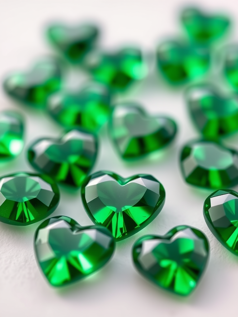 Create a close-up shot of green heart-shaped gemstones arranged aesthetically, using a DSLR camera with a 50mm lens, aperture f/2.8, ISO 200, and a soft focus background to enhance color vibrancy and detail.