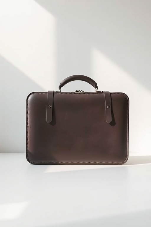 Create a clean and minimalistic image of a classic briefcase with a sturdy handle, using a DSLR camera set to f/8 aperture, ISO 100, 50mm lens, natural light from the left, and a shallow depth of field to enhance focus on the briefcase while softly blurring the background.