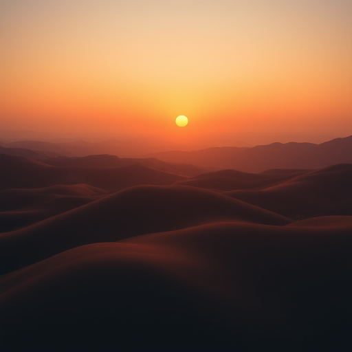 create a smooth gradient landscape at sunset with rounded hills and a large sun in warm earthy tones, shot with a Canon EOS R5 at f/8, 1/60s, ISO 200, wide-angle lens, top-down view, soft focus for a vintage aesthetic