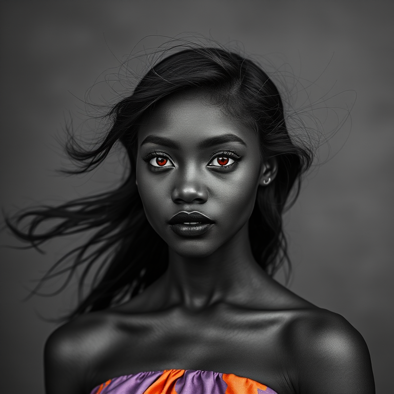 Photographic image of a beautiful young Kikuyu woman, red eyes, lips with black lipstick, long hair fluttering in the wind and wearing a silk strapless dress with a soft purple and orange print. monochrome image with only color highlights in the iris of the eyes, lipstick and dress. Gray background.