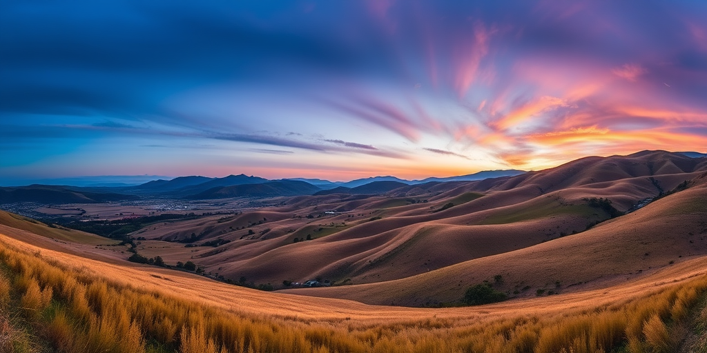regenerate a digital landscape artwork featuring a serene valley with rolling hills under a twilight sky, emphasizing contrasting colors of golden fields and dark mountains, shot with a DSLR camera at f/8 aperture, ISO 100, 24mm focal length, in a panoramic view for a wide perspective and enhanced depth.