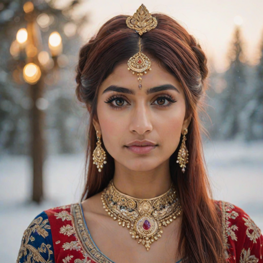 mia khalifa with long, flowing red hair, wearing a traditional, ornate red and blue costume with gold accents and intricate embroidery, stands facing the viewer in a close-up portrait. Her hair is styled in a high ponytail and adorned with a pair of golden, winged hairpieces. She wears gold earrings and her makeup is accented with light pink blush and a bright red lip. She has a soft and slightly melancholic expression, with her eyes looking directly at the camera. The background is a blurred, out-of-focus snowy landscape, with the woman in the foreground. The lighting is soft and natural, creating a warm, intimate atmosphere. The image is composed using a shallow depth of field, with the woman as the main focal point. The overall style is elegant, delicate, and fairytale-like.